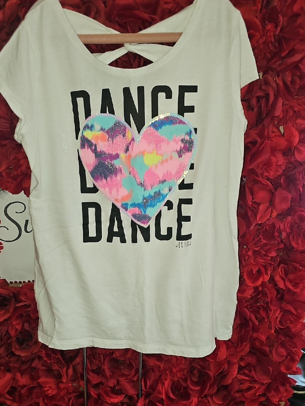 Justice White Dance Tee with Rainbow Sequin Heart Criss Cross Back Size 10